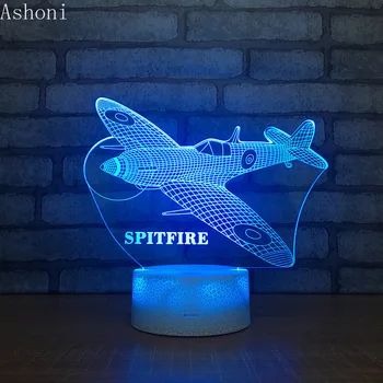 Spitfire 3D stolná Lampa Novinka LED Lietadla Nočné svetlo Domova 7 Zmena Farby Noc Deti Narodeninám