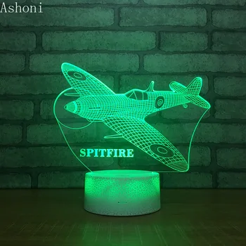 Spitfire 3D stolná Lampa Novinka LED Lietadla Nočné svetlo Domova 7 Zmena Farby Noc Deti Narodeninám