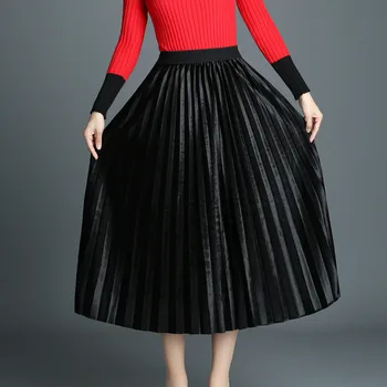 Velvet Skladaný Sukne Ženy Vintage Kovové Jeseň Zimné Móda Midi Sukne pre Ženy, Vysoký Pás Elastickej Bežné Sukňa Čierna