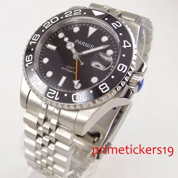 40 mm PARNIS sapphire crystal black dial GMT automatický pohyb svetelného pánske hodinky rotujúce čierne keramické rámu