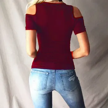 Dámske oblečenie letné 2021 módy sexy holé rameno t shirt ženy krátky rukáv bežné krajky-up tee tričko femme manche courte