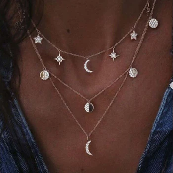 XIYANIKE České Moon Star Drahokamu Prívesok Náhrdelníky Pre Ženy Vintage Choker Multi layer Náhrdelník Vyhlásenie Šperky N107
