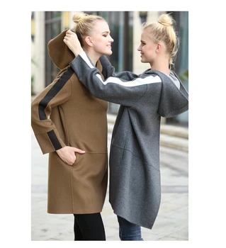Vysoký stupeň vlnené tkaniny dámskej módy kabát s kapucňou stredne dlhý pulóver-štýl paletu farieb S36/M38/L40