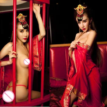 Nové Červené tri miesta sexy spodnú bielizeň hot vystavení prsia backless sexy Čínsky kostým sexy erotické sleepwear teddy erotická bielizeň