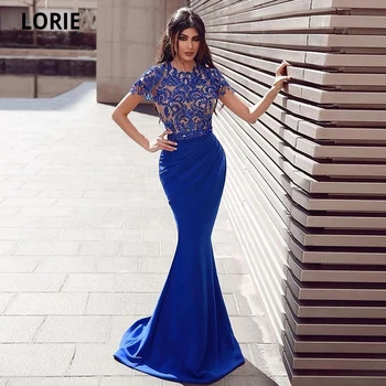 LORIE Modrá Morská víla Večerné Šaty S Krátkym Rukávom 2020 Elegantnej Čipky Nášivka Korálky Slim Saudskej arabské Ženy Formálne Prom Šaty