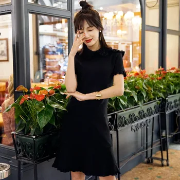 2018 lete nové kórejská verzia čistá farebná mozaika hack slim voľný čas lotus leaf golier dámske šaty