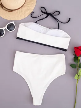 Nový Sexy Rebrovaný Ženské Plavky Vysoký Pás Bikini Čierne Biele Ženy Plavky dvojdielne Bikiny nastaviť Bather plavky Plávať 2021