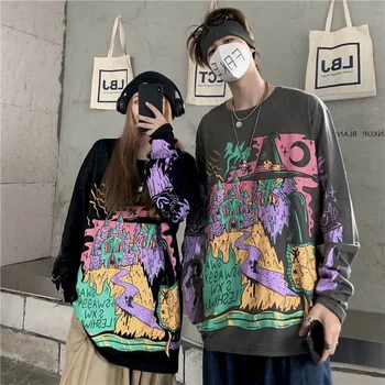 T-shirt ženy dlhým rukávom začiatku jesene, nové kórejská verzia iny populárne Harajuku štýl graffiti black voľné bf pár nosenie topy