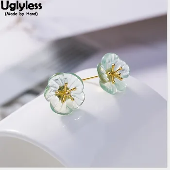 Uglyless Celkom Transparentné, Zelené Fluorite Sakura Náušnice pre Ženy Reálne Pevné 925 Silver Kvetinový Klincami Gold Jemné Šperky
