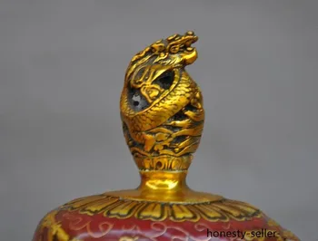 Svadobné dekorácie starej Čínskej bronz Cloisonne Pozlátené Feng Shui Dragon socha Kadidlo Horák lopatku