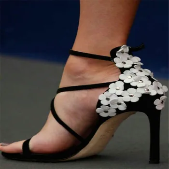 Pôvodný Zámer Elegantné Ženy Cross-viazané Sandále Otvorené Prst Vysoké Podpätky Sandále Kvet, Čierne Sexy Topánky Žena Plus Veľkosť 4-15