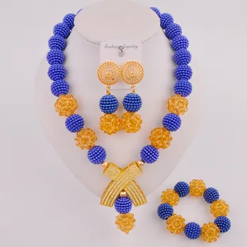 Krásne Kráľovská Modrá a Champagne Gold Afriky Šperky Set Nigérijský Náhrdelník Korálky Sady SP-2-1