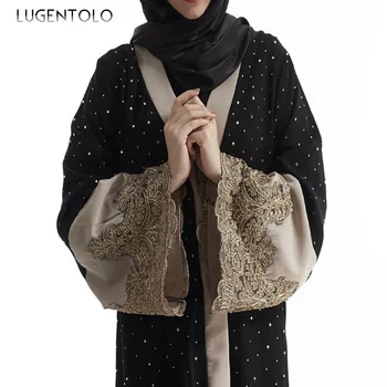 Lugentolo Voľné Ženy Elegantné Šaty Nové, Vyšívané Diamond Fashion Moslimské Oblečenie Cardigan Black Abaya Big Swing Maxi Šaty Lady