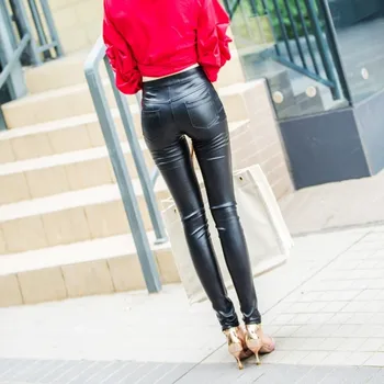 Ženy kórejský Tenké Kožené Nohavice 2020 New Black Vysoký Pás Zipsy PU Ceruzkou Nohavice Módne Dámy Streetwear Úzke Kožené Nohavice
