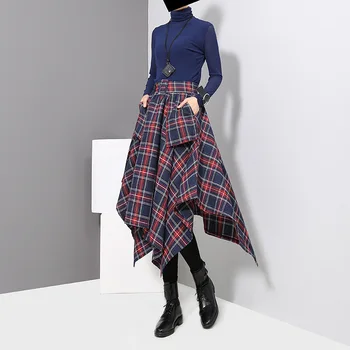 Bazhenova streetwear Módy žien nepravidelná sukne zimné jeseň kórejský štýl koberčeky vrecká vysoký pás sukne s pásom T1381