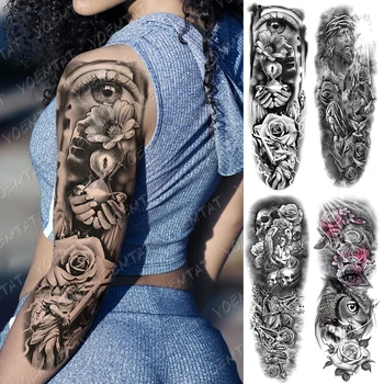 Veľké Arm Tattoo Rukáv Presýpacích Hodín Rose Oko Nepremokavé Dočasné Tatto Nálepky Anjel Sova Body Art Full Falošné Tetovanie Ženy Muži