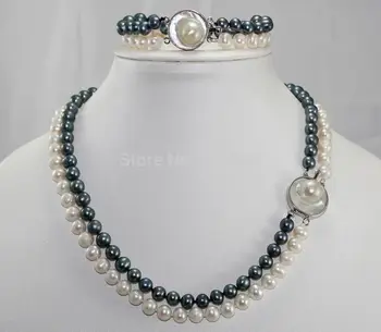 2Row Originálne Čierna a Biela 7-8MM Perly, perleť Spona Náhrdelníky (17
