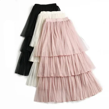Elegantné Rozstrapatené Tylu Sukne Ženy 2020 Kvalitných Módnych Ružová, Sivá, Čierna Vysoký Pás Skladaná Sukňa Jar Vintage Oka Sukne