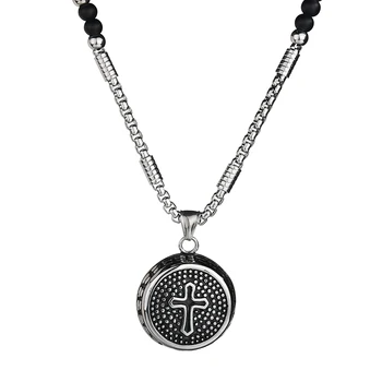 Kresťanský Kríž Medaila Prívesok Náhrdelník Z Nehrdzavejúcej Ocele Reťazca Čierny Kameň Strand Náhrdelníky, Korálky