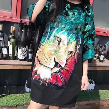 2019 príliv značky troch-dimenzionální lev, tiger čipky flitrami ťažká práca voľné veľké veľkosti tehotné ženy dlhé tričko