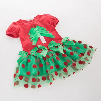 Zelený Strom Červená Baby Girl Vianočné Šaty Čipky Tutus Krátky Rukáv Deti Party Šaty Deti Oblečenie Batoľa Vianočné Oblečenie