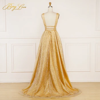 BeryLove Iskru Sequin Bright Gold Večerné Šaty 2020 Dlho Prom Lesklé Sexy vestidos de fiesta V Krku Otvorte Zadný plášť de soiree