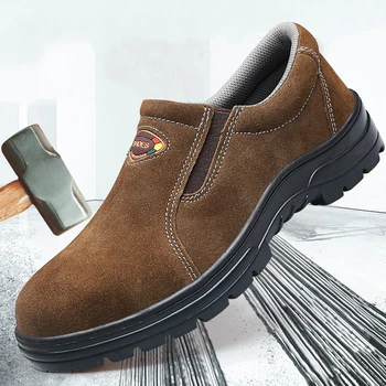 Pánske módne oceľovou špičkou zahŕňa pracovné topánky krava semiš kožené bezpečnosti obuvi pošmyknúť na pracovníka bezpečnosti topánky zapatos de seguridad hombre