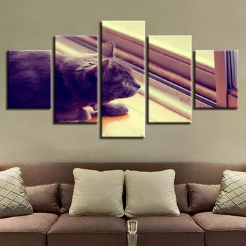 Moderné Abstraktné Maliarske Plátno na Stenu Umenie Obrázky 5 Panel Zvierat Cat Home Decor Obývacia Izba Modulárny HD Vytlačený Plagát Rám