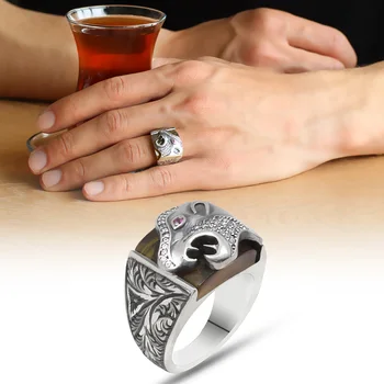 Erzurum Handwork Tiger Motív Stláčanie Amber Drahokam 925 Sterling Silver Ring