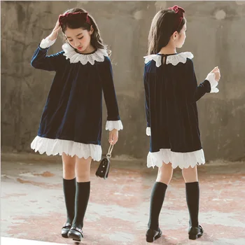 Dievčatá Šaty kórejský štýl, módne Deti dlhý rukáv šaty velvet oblečenie dievčatá šitie čipky dievčatá dieťa zamatové šaty