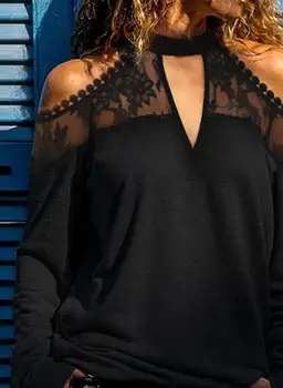 2021 Módne Dámy Sexy Čipka Tričko Deravé Ramenný tvaru Čierna Farba, Party oblečenie Žien Chic Európskom Štýle Sudadera Mujer