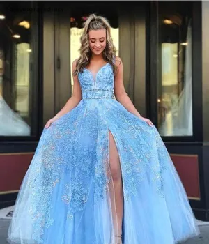 Sky Blue (Nebeská Modrá Prom Šaty 2019 Sexy Riadok Appliques Split Sprievod Sviatky Štúdia Nosenie Formálne Večerné Party Šaty Plus Veľkosť