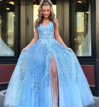 Sky Blue (Nebeská Modrá Prom Šaty 2019 Sexy Riadok Appliques Split Sprievod Sviatky Štúdia Nosenie Formálne Večerné Party Šaty Plus Veľkosť