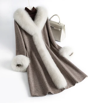 Skutočné Kožušinový Kabát Fox Kožušiny Golier Vlna Bunda Na Jeseň Zimný Kabát Ženy Oblečenie 2020 Kórejský Vintage Ovce Shearling Abrigo Mujer T3653