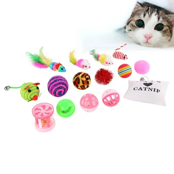 16 ks Pet Mačka hračka Nastaviť Pierko Teaser Prútik Catnip Hračky Loptu Krúžky mačky interaktívne Produkty