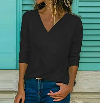 Dlhý rukáv dámske Oblečenie Top Slim Strednej dĺžky V-neck T-shirt Farbou