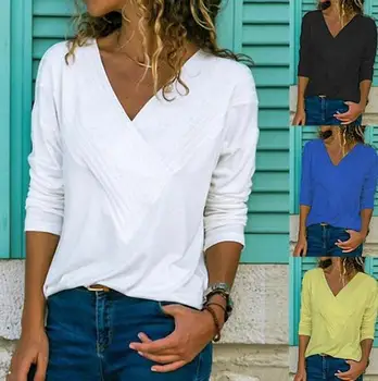 Dlhý rukáv dámske Oblečenie Top Slim Strednej dĺžky V-neck T-shirt Farbou