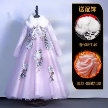 Čínsky Štýl, Kvet Vyšívať Narodeninovej Party Princess Batoľa Dievčatá Šaty Baby Girl Dress Fleece Deti, Svadobné Party Šaty
