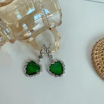 Strieborná Farba Twisted Láska Srdca Náušnice Green Crystal Živice, Akrylové Náušnice pre Ženy Vintage Náušnice Kvapka 2020 Strany Šperky