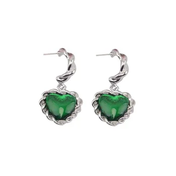 Strieborná Farba Twisted Láska Srdca Náušnice Green Crystal Živice, Akrylové Náušnice pre Ženy Vintage Náušnice Kvapka 2020 Strany Šperky