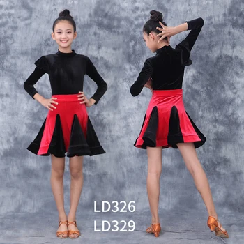Dievčatá latinské Tanečné Kostýmy Tango Praxi Výkon Oblečenie, Dlhé rukávy Velvet Topy, Sukne Deti Latin Dance Sukne DQS3395