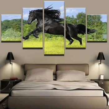 Hd Tlač Plátno Na Maľovanie Obrazu Držať Na Stene 5 Panel Zvierat Čierny Kôň Pre Obývacia Izba Domova Modulárny Obrázok