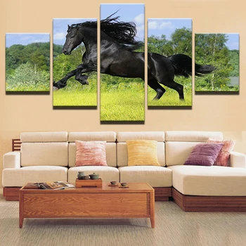 Hd Tlač Plátno Na Maľovanie Obrazu Držať Na Stene 5 Panel Zvierat Čierny Kôň Pre Obývacia Izba Domova Modulárny Obrázok