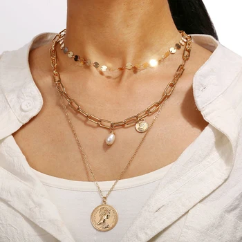 Európske a Americké sveter reťazca tvorivé retro ľudské hlavy pearl prívesok multi-layer náhrdelník pre ženy clavicle nack reťazca
