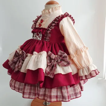 2020 Jeseň Ok Lolita Šaty S Lukom Na 2 Roky Bavlna, Baby, Dievčatá Oblečenie Ružová Turtleneck Spojov Dlhým rukávom Frocks