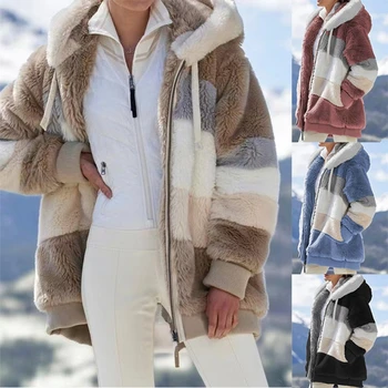 Ženy Zimné Oblečenie Teplá Bunda s Kapucňou, Dlhý Rukáv Nadrozmerné Farebný Blok Kabát X3UE