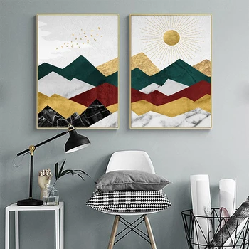 Moderné Obrazy Maľba Nordic Abstraktné Zlaté Slnko, Hory Krajiny Plátno na stenu umenia, tlače, plagát pre Obývacia Izba Domova