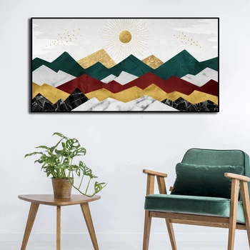 Moderné Obrazy Maľba Nordic Abstraktné Zlaté Slnko, Hory Krajiny Plátno na stenu umenia, tlače, plagát pre Obývacia Izba Domova