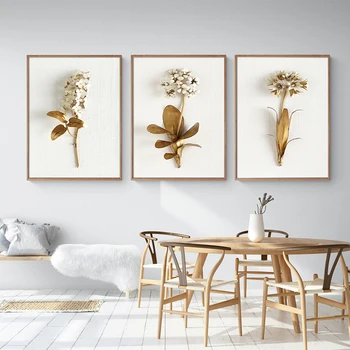 Zlaté Kvety Plátno Nordic Rastliny Maľovanie Botanická Plagáty a Tlač Abstraktné Wall Art Obrázky pre Obývacia Izba Moderný Dekor
