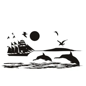 Scenérie nástenná maľba Čajok Delfíny A Lode na Mori Na Stenu, Nálepky, Obývacia Izba Gauč Pozadí Vinyl Vymeniteľné DIY Dekor